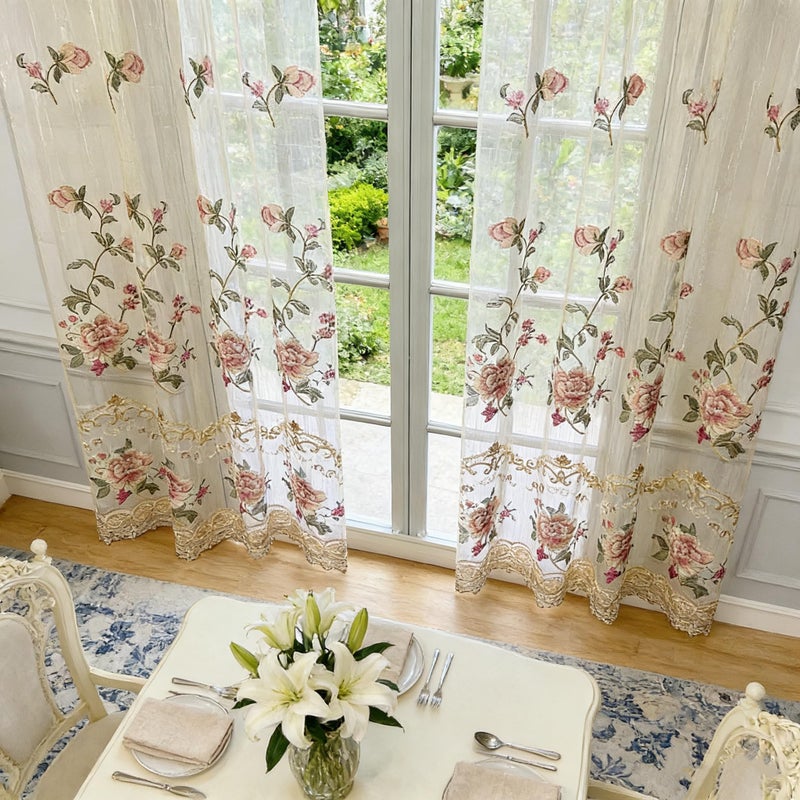 WPKIRA Delicate European Embroidered Floral Sheer Curtains Rod Pocket Royal Romantic Window Treatment Voile Curtain for Bedroom/Villa Natural Light Flow Luxury Tulle Curtain 1 Panel W40 x L84 inch - Image 3